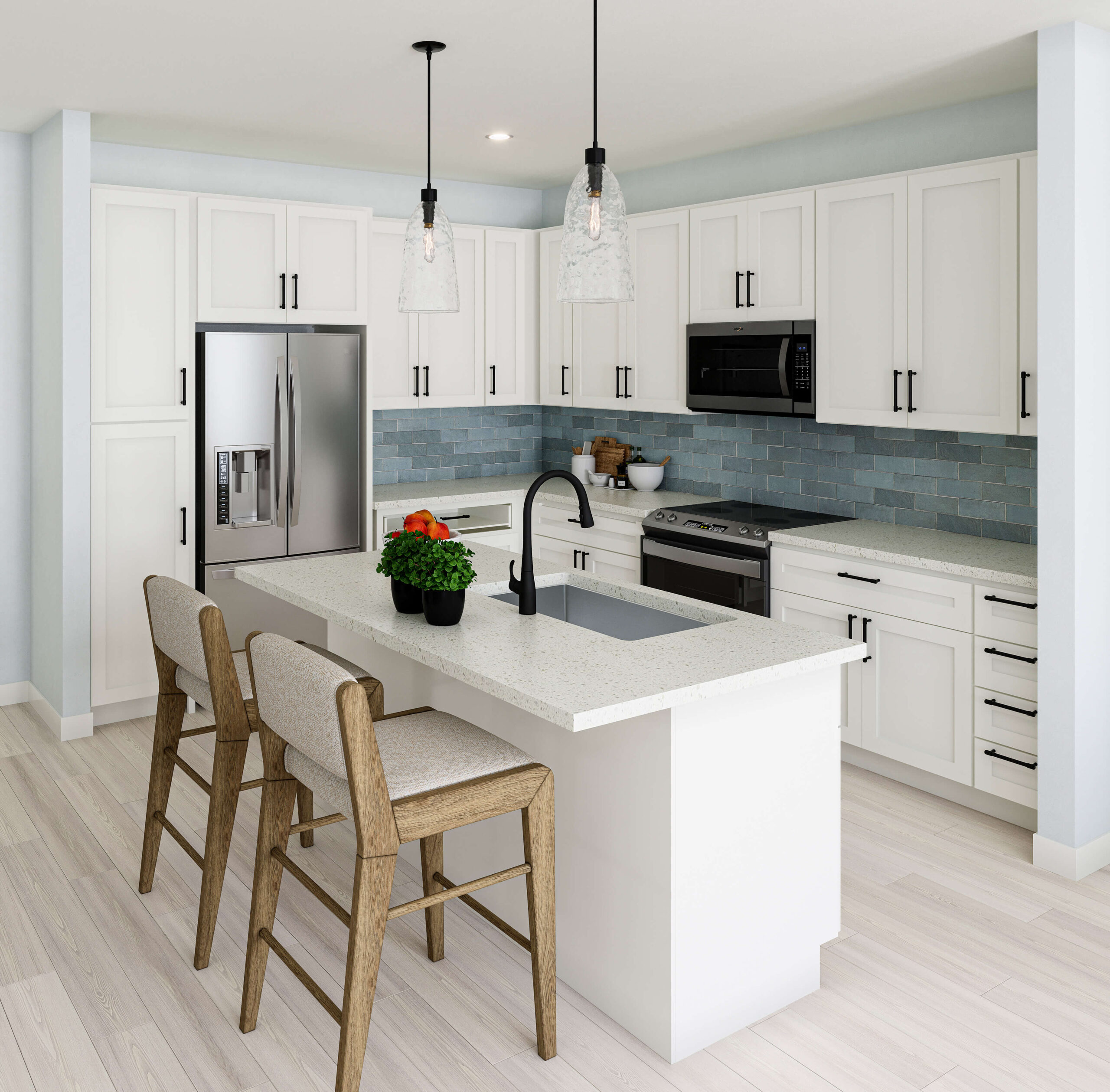 Luxury apartment kitchen with island, chairs, white countertops, cabinets and stainless steel appliances on plank flooring.