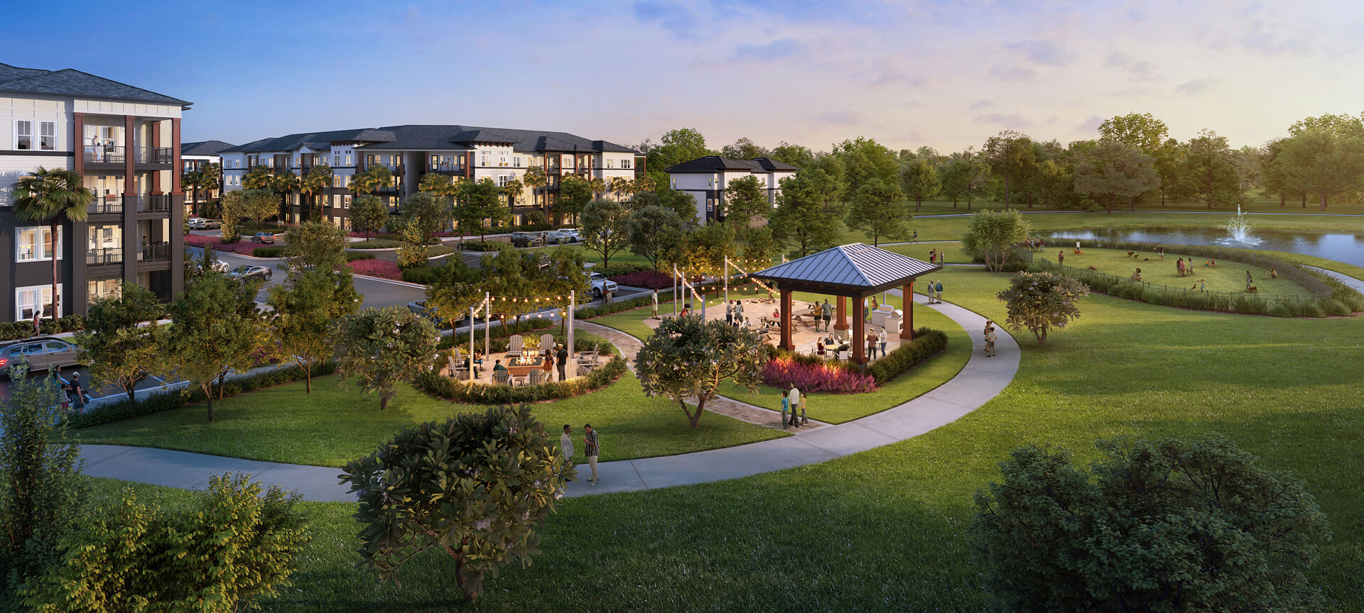 Rendering of The Elliott picnic area with a covered space, walkway, fire pit, fairy lights, and people spending time around the space. In the background you can see The Elliott buildings and a pond with a fountain.
