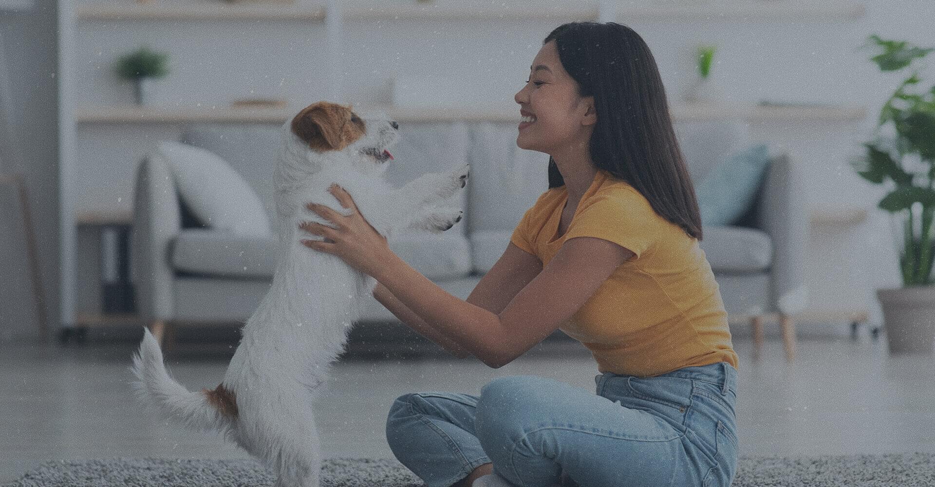 Woman in yellow shirt with her puppy dog in a luxury apartment