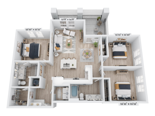 Floor plan of the 3 Bedrooms Luxury apartment c2-414870 on transparent background