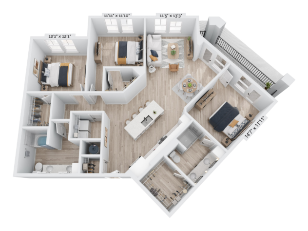 Floor plan of the 3 Bedrooms Luxury apartment c1-414871 on transparent background